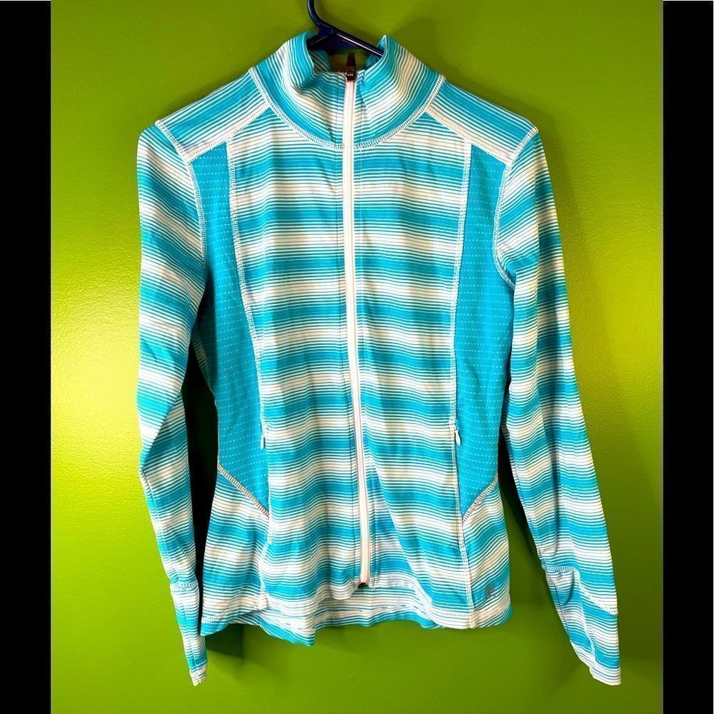 TITLE NINE zip up a jacket in teal/white stripes